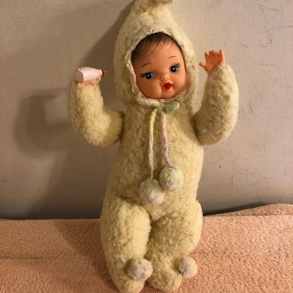 Vintage 13” Baby Doll With Bottle in Fleece Bunting